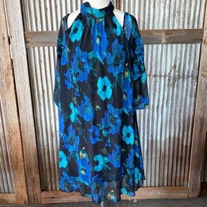 Karl Lagerfeld Black and Blue Floral Cold Shoulder Dress